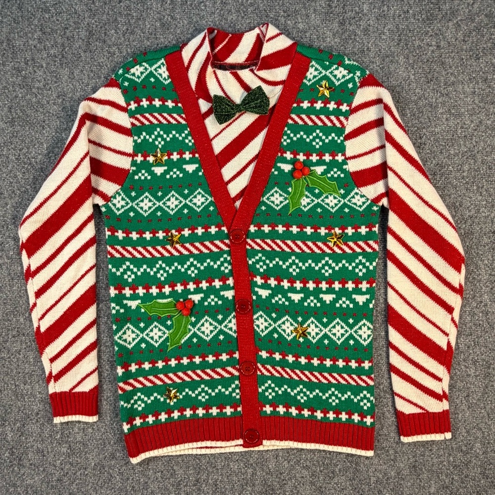 Blizzard Bay mens Christmas holiday cardigan sweater combo green/white Small